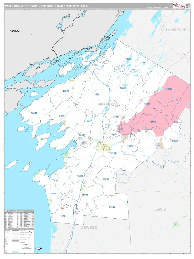 Watertown-Fort Drum Metro Area ZIP Code Wall Map, Classic style