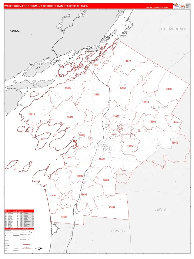 Watertown-Fort Drum Metro Area ZIP Code Wall Map, RedLine style