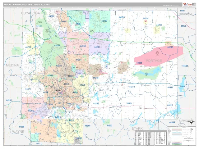 Akron Metro Area ZIP Code Wall Map, Classic style