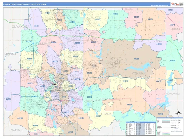 Akron Metro Area ZIP Code Wall Map, ColorCast style