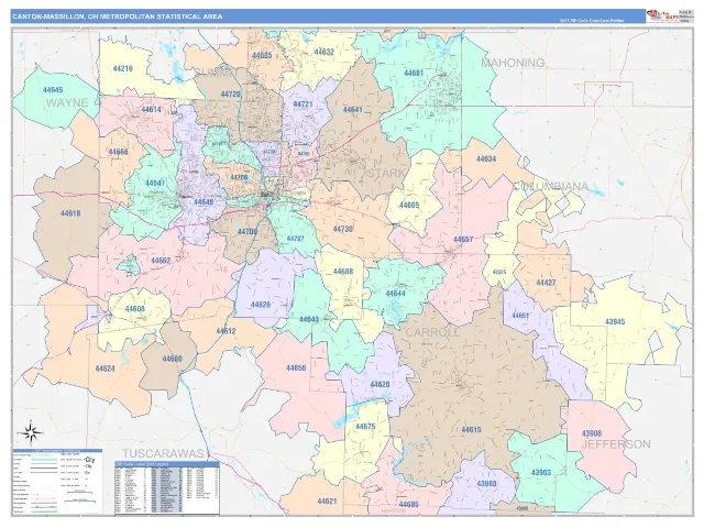 Canton-Massillon Metro Area ZIP Code Wall Map, ColorCast style