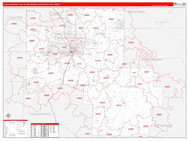Canton-Massillon Metro Area ZIP Code Wall Map, RedLine style