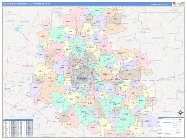 Columbus Metro Area ZIP Code Wall Map, ColorCast style