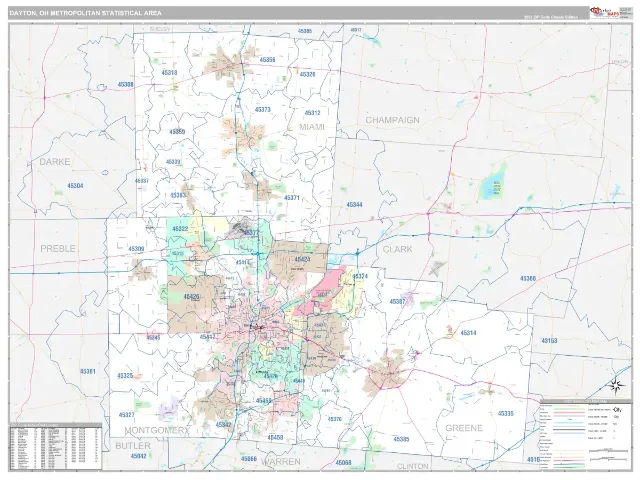 Dayton Metro Area ZIP Code Wall Map, Classic style
