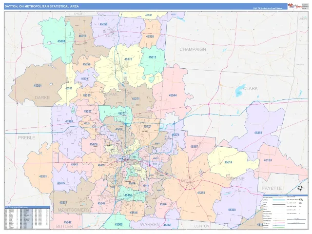 Dayton Metro Area ZIP Code Wall Map, ColorCast style