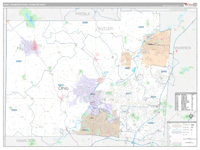 Hamilton-Middletown Metro Area ZIP Code Wall Map, Classic style
