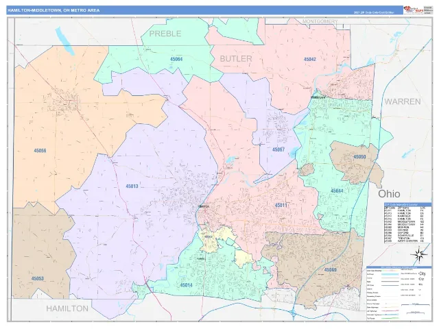 Hamilton-Middletown Metro Area ZIP Code Wall Map, ColorCast style