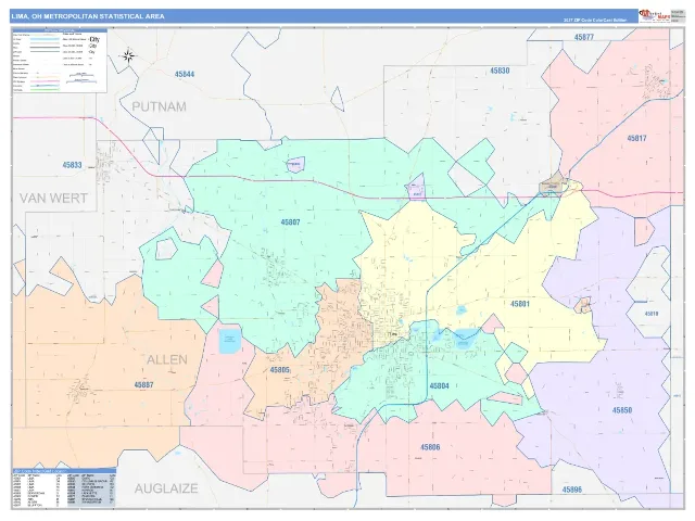 Lima Metro Area ZIP Code Wall Map, ColorCast style