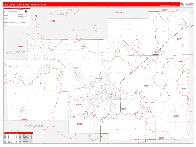 Lima Metro Area ZIP Code Wall Map, RedLine style