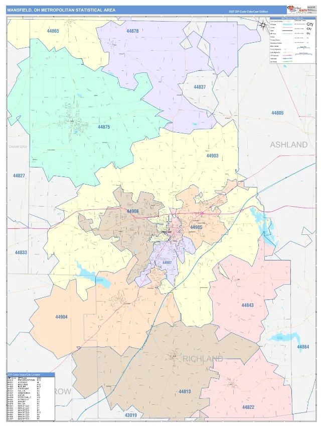 Mansfield Metro Area ZIP Code Wall Map, ColorCast style