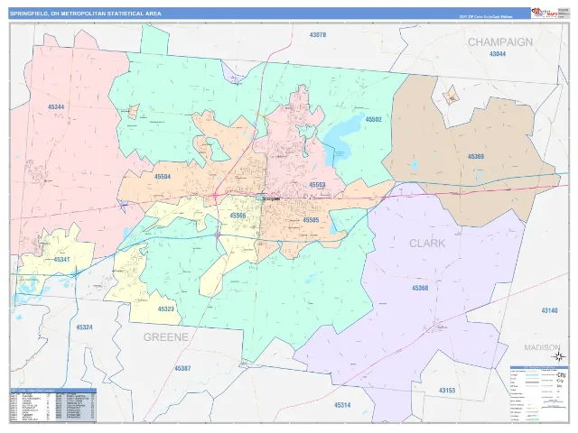 Springfield Metro Area ZIP Code Wall Map, ColorCast style