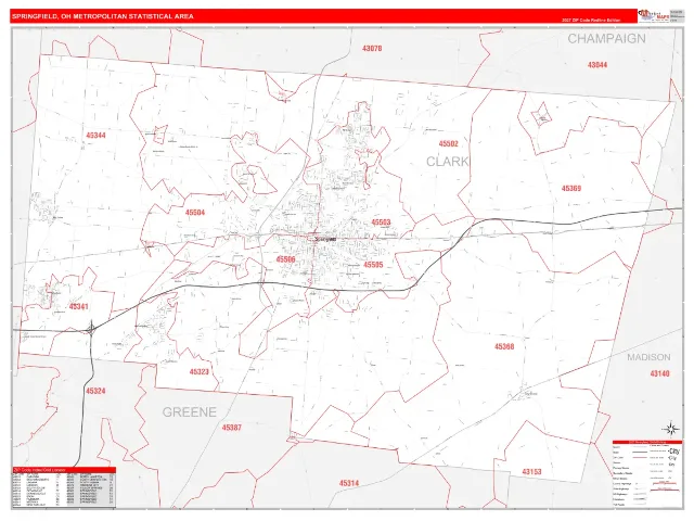 Springfield Metro Area ZIP Code Wall Map, RedLine style