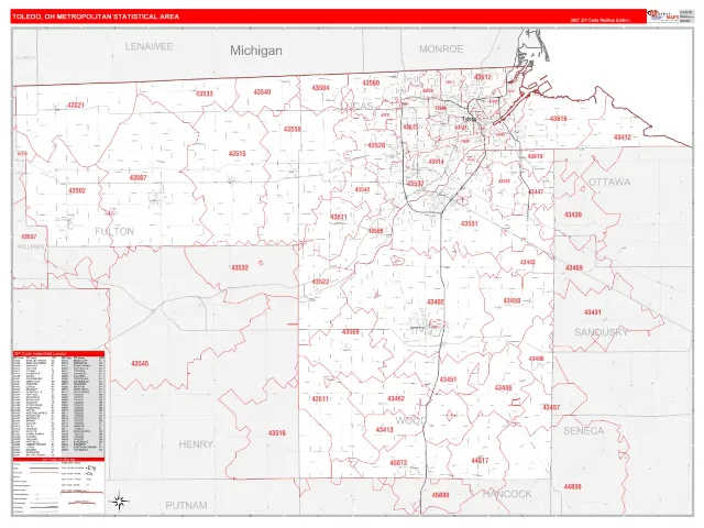 Toledo Metro Area ZIP Code Wall Map, RedLine style