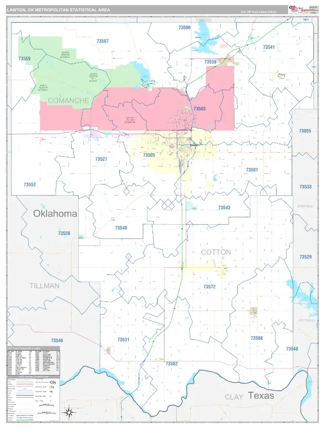 Lawton Metro Area ZIP Code Wall Map, Classic style