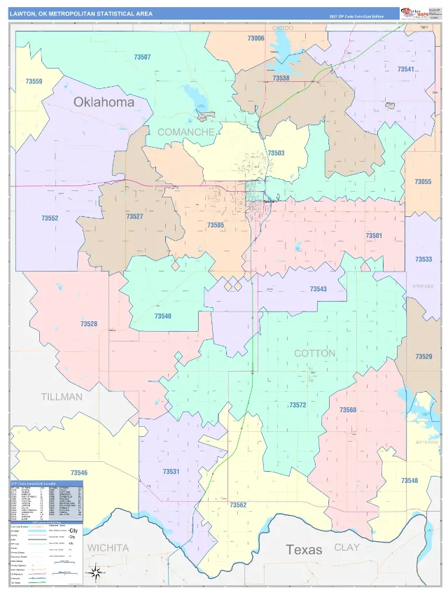 Lawton Metro Area ZIP Code Wall Map, ColorCast style