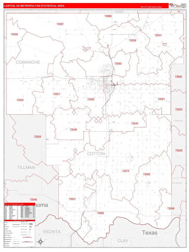 Lawton Metro Area ZIP Code Wall Map, RedLine style