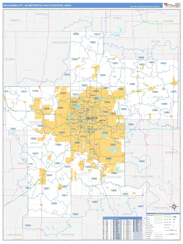 Oklahoma City Metro Area ZIP Code Wall Map, Business Reference style