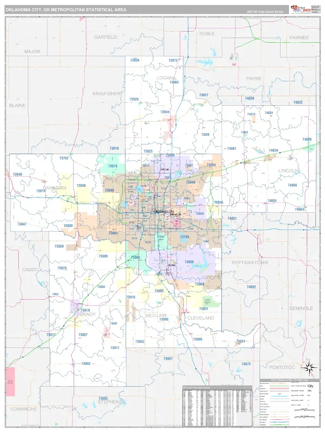 Oklahoma City Metro Area ZIP Code Wall Map, Classic style