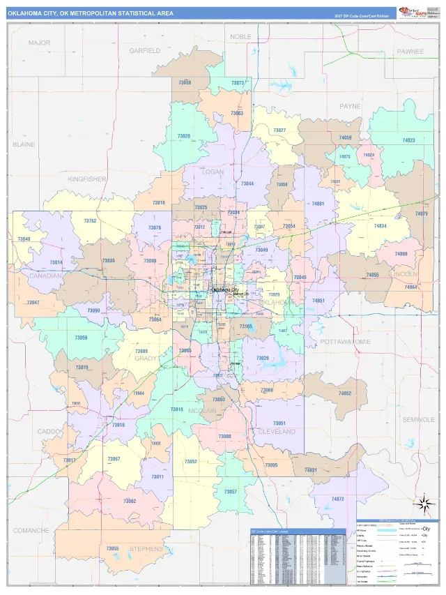 Oklahoma City Metro Area ZIP Code Wall Map, ColorCast style