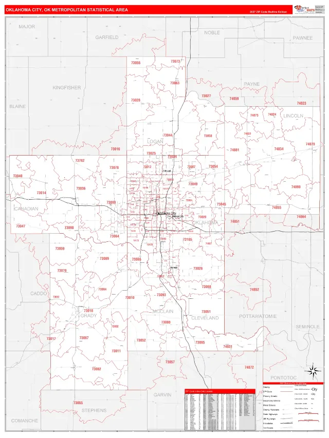 Oklahoma City Metro Area ZIP Code Wall Map, RedLine style