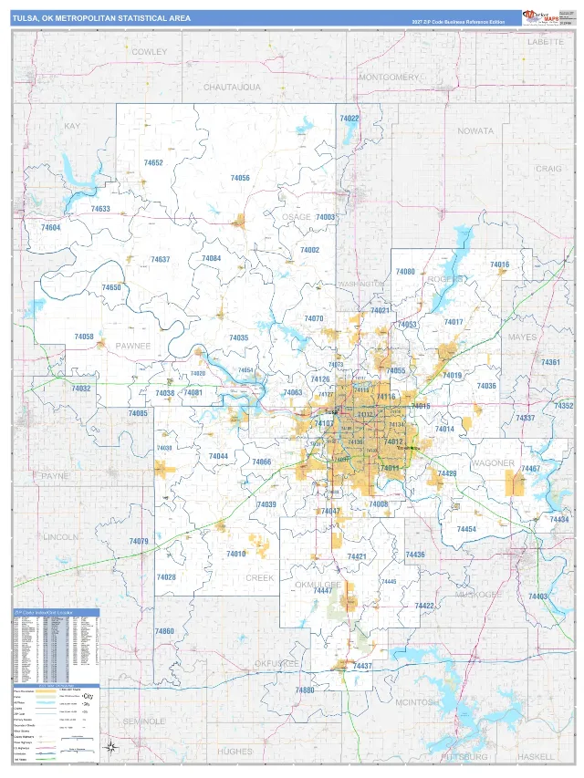 Tulsa Metro Area ZIP Code Wall Map, Business Reference style