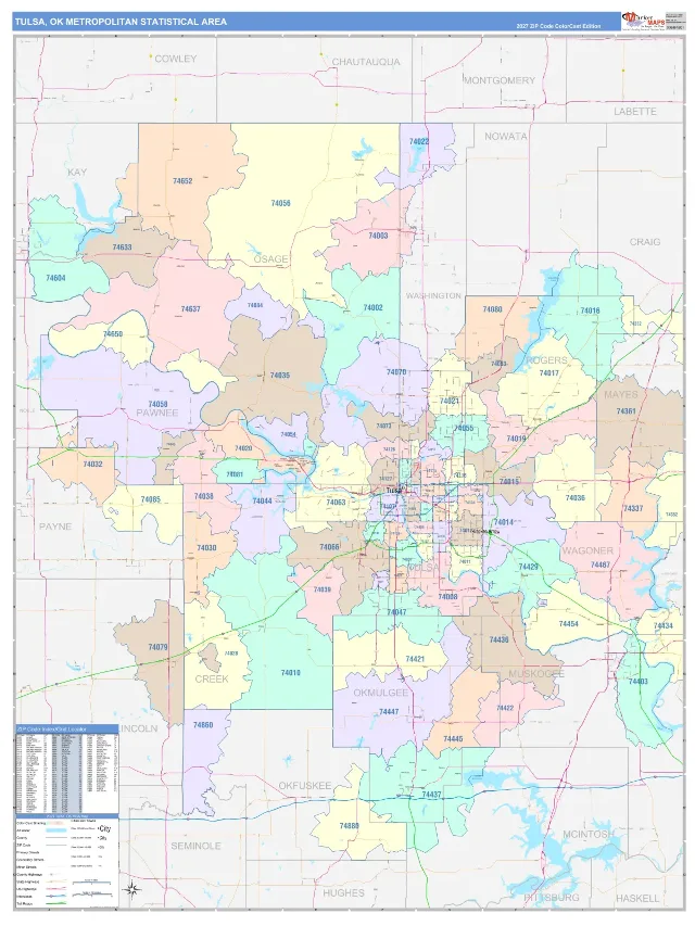 Tulsa Metro Area ZIP Code Wall Map, ColorCast style
