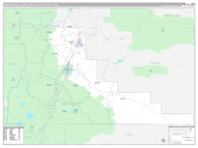 Bend-Redmond Metro Area ZIP Code Wall Map, Classic style
