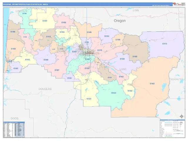 Eugene Metro Area ZIP Code Wall Map, ColorCast style