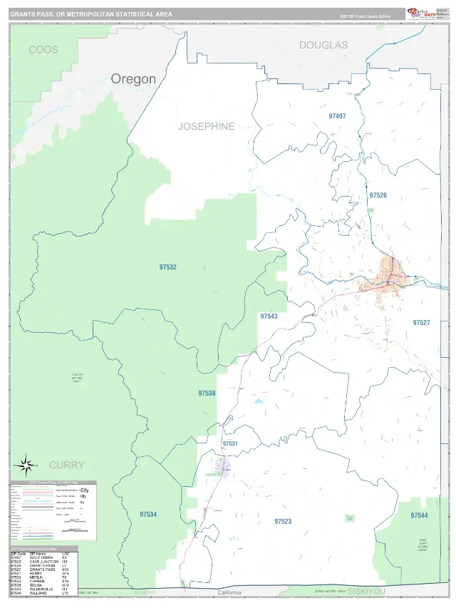 Grants Pass Metro Area ZIP Code Wall Map, Classic style