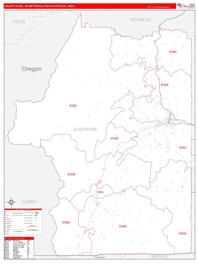 Grants Pass Metro Area ZIP Code Wall Map, RedLine style