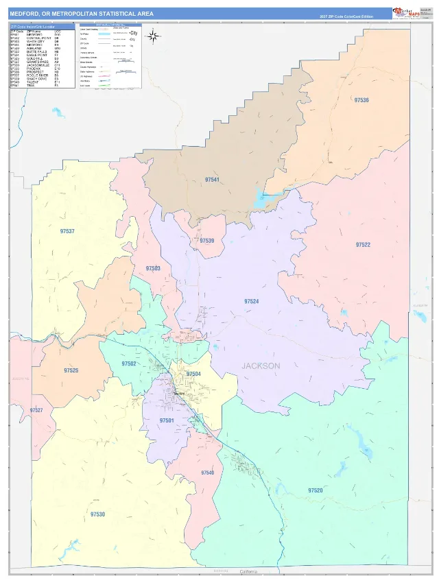Medford Metro Area ZIP Code Wall Map, ColorCast style