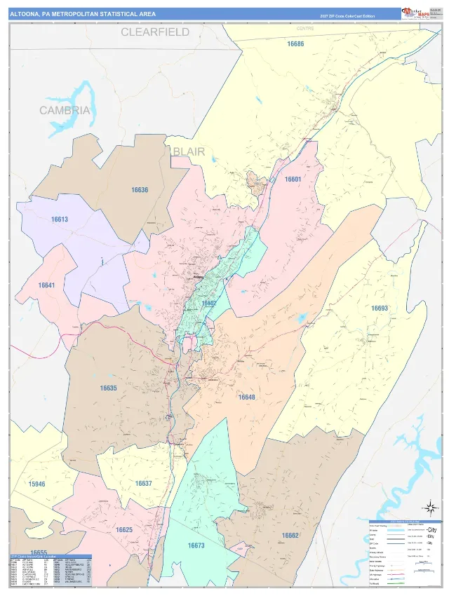Altoona Metro Area ZIP Code Wall Map, ColorCast style