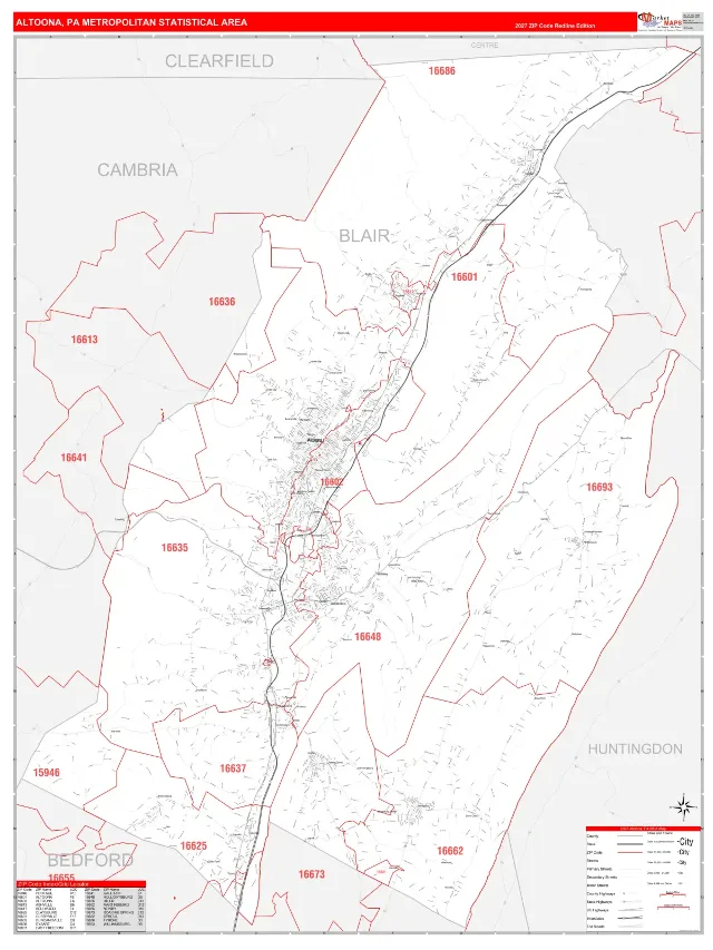 Altoona Metro Area ZIP Code Wall Map, RedLine style