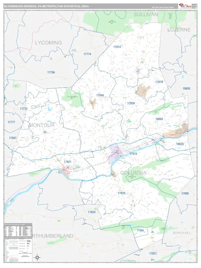 Bloomsburg-Berwick Metro Area ZIP Code Wall Map, Classic style