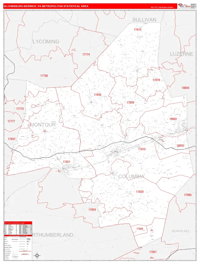 Bloomsburg-Berwick Metro Area ZIP Code Wall Map, RedLine style