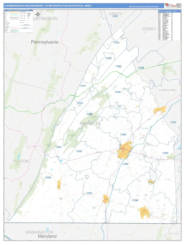 Chambersburg-Waynesboro Metro Area ZIP Code Wall Map, Business Reference style