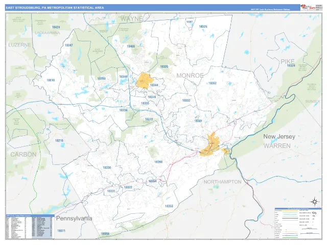 East Stroudsburg Metro Area ZIP Code Wall Map, Business Reference style