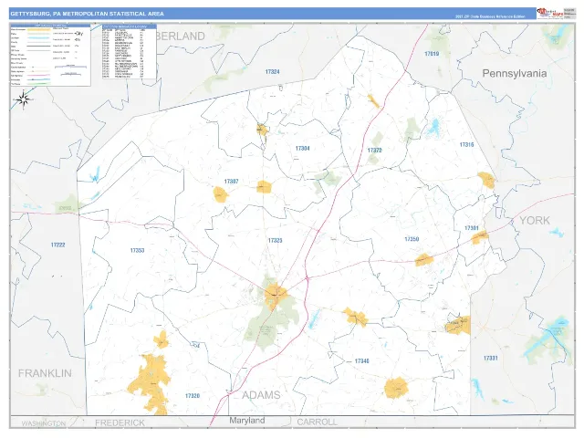Gettysburg Metro Area ZIP Code Wall Map, Business Reference style