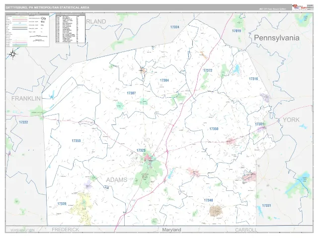Gettysburg Metro Area ZIP Code Wall Map, Classic style