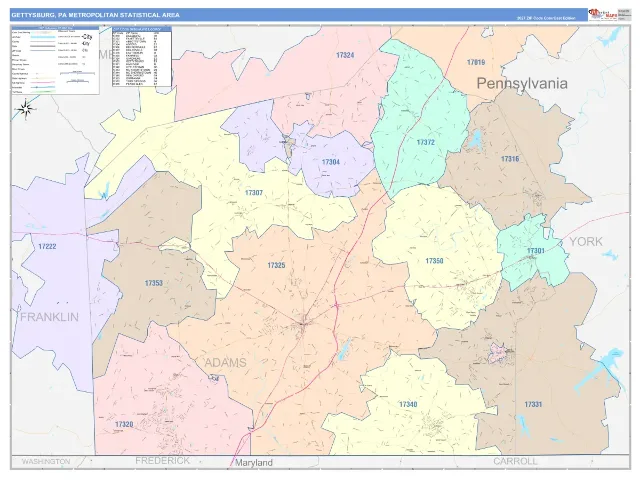 Gettysburg Metro Area ZIP Code Wall Map, ColorCast style