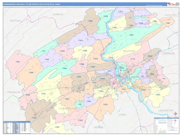 Harrisburg-Carlisle Metro Area ZIP Code Wall Map, ColorCast style