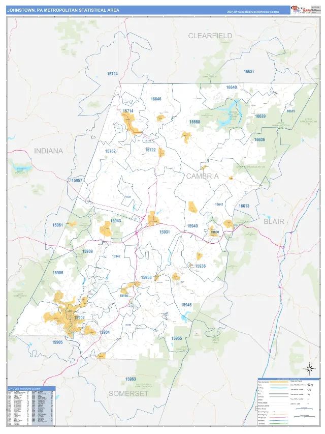 Johnstown Metro Area ZIP Code Wall Map, Business Reference style