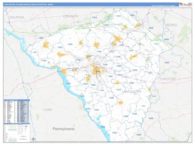 Lancaster Metro Area ZIP Code Wall Map, Business Reference style