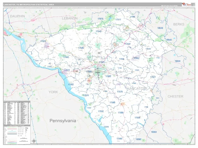 Lancaster Metro Area ZIP Code Wall Map, Classic style