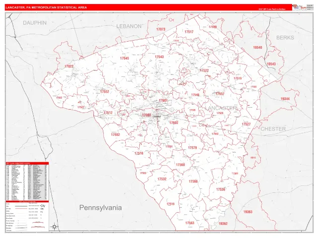 Lancaster Metro Area ZIP Code Wall Map, RedLine style