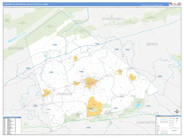 Lebanon Metro Area ZIP Code Wall Map, Business Reference style