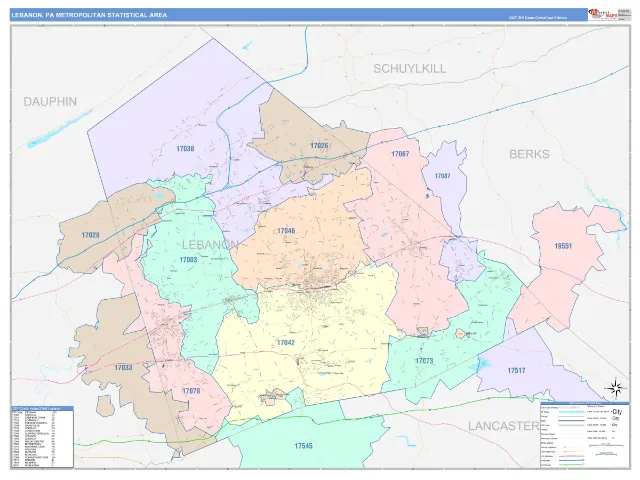 Lebanon Metro Area ZIP Code Wall Map, ColorCast style