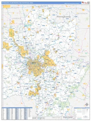 Pittsburgh Metro Area Business Reference style ZIP Code wall map