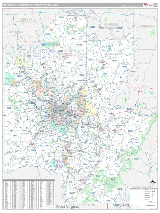 Pittsburgh Metro Area ZIP Code Wall Map, Classic style