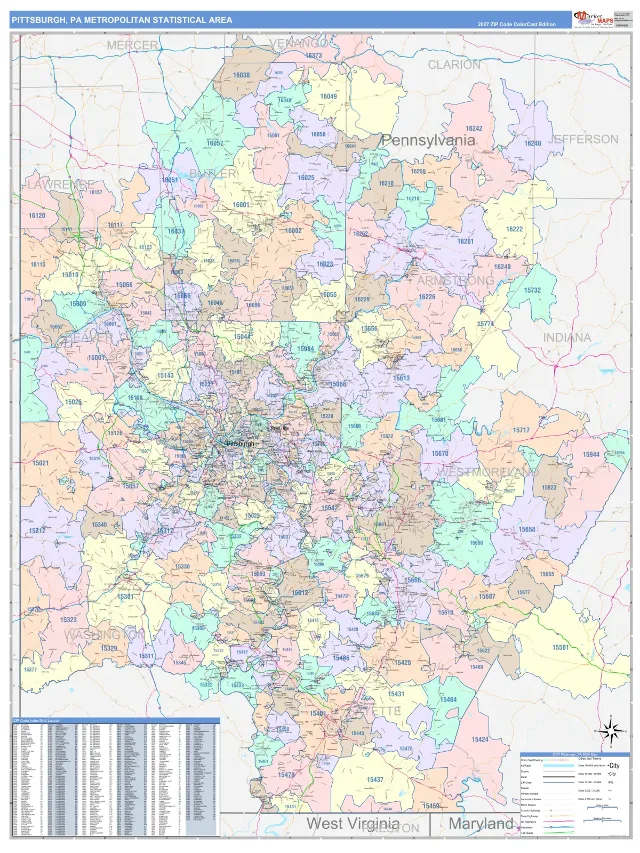 Pittsburgh Metro Area ZIP Code Wall Map, ColorCast style